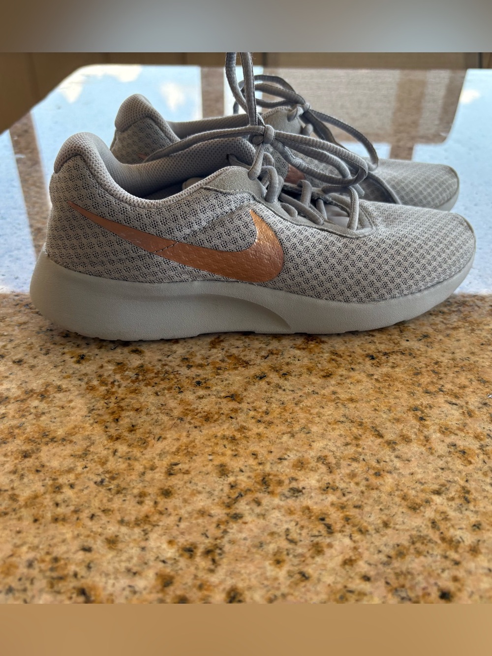Nike Women’s Light Gray Mesh Sneakers with Rose Gold Swoosh